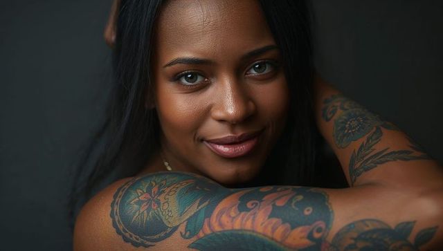 Posing woman showcasing colorful floral and koi sleeve tattoos, intimate closeup portrait