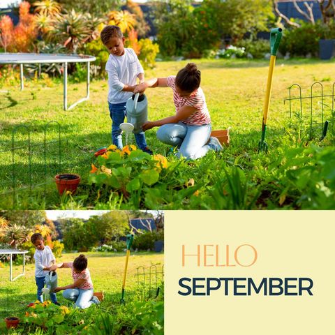 Children Watering Plants and Welcoming September in Sunny Garden