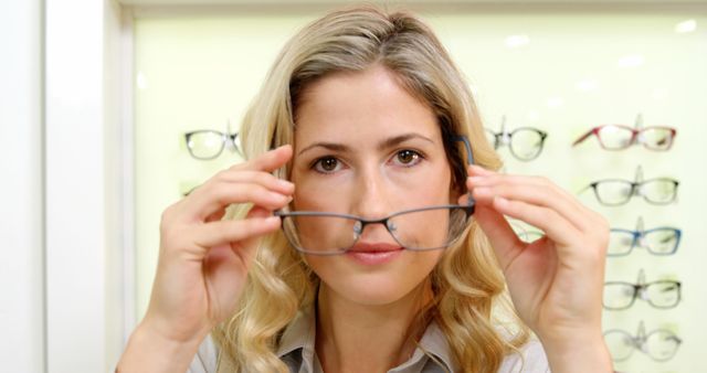 Woman Trying on Eyeglasses in Optical Store - Download Free Stock Images Pikwizard.com