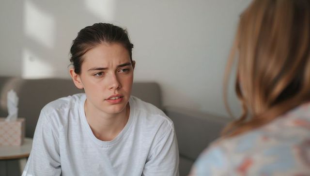 Young woman expressing concern during tense conversation on couch at home with tissue box