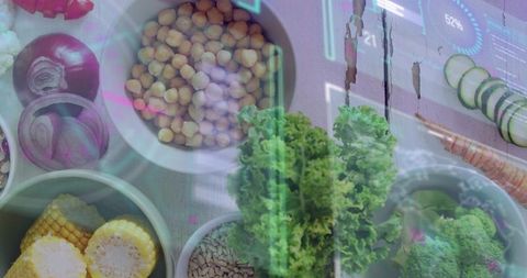 Neon Tech Nutrition Concept: Curly Kale and Colorful Veggie Bowls with Digital Overlay