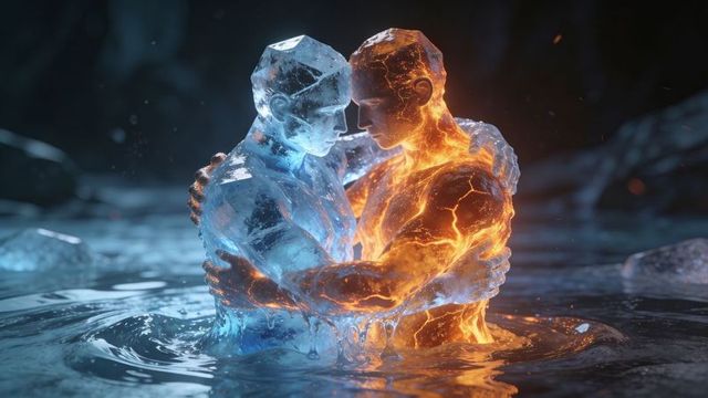 Ice and lava elementals embracing in cavern pool, fiery glow meeting frosty reflection