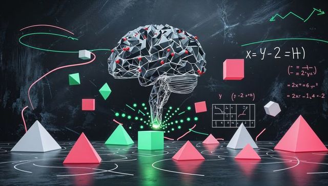 Futuristic brain model with geometric shapes and equations