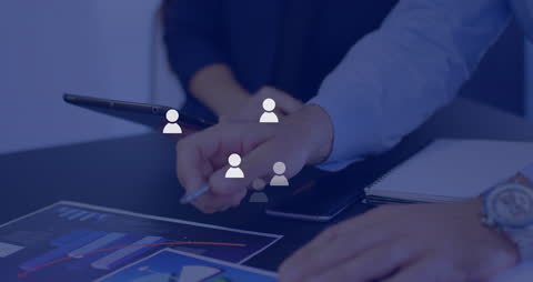 Animated Media Icons Overlay on Business Strategy Meeting