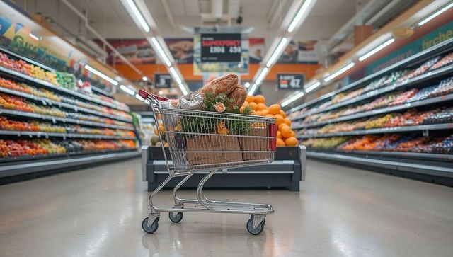 Shopping Cart Filled with Fresh Baguettes, Produce and Bouquet in Supermarket Aisle