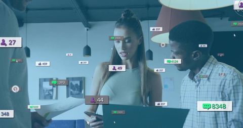 Young woman presenting on laptop while colleagues reviewing phone with notification overlays