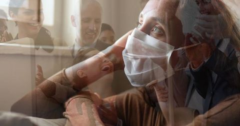 Woman in mask reflecting with office celebration background