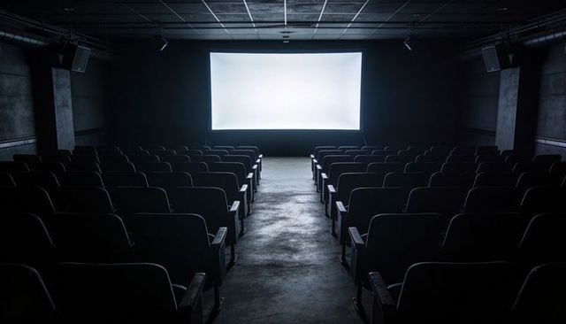 Empty cinema auditorium with glowing blank projection screen casting soft light