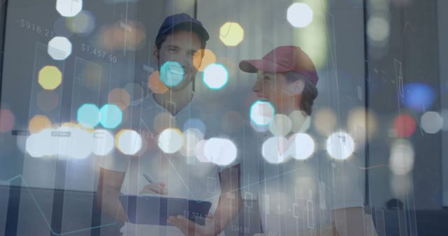 Abstract Double Exposure of Logistics Workers with Financial Graphs - Download Free Stock Images Pikwizard.com