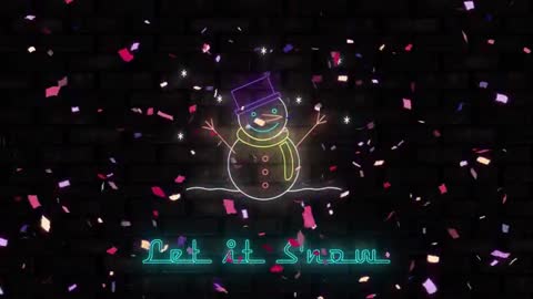 Neon Snowman Design with Falling Confetti in Festive Scene