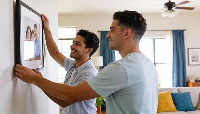 Two men hanging family portrait in bright living room, warm home decor and cozy moment