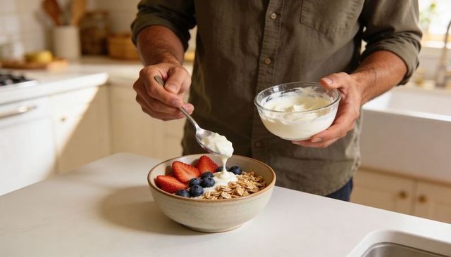 Man spooning yogurt over granola with strawberries and blueberries in bright kitchen