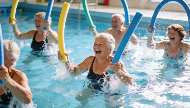 Active seniors enjoying aquatic exercise class using pool noodles, laughing and splashing