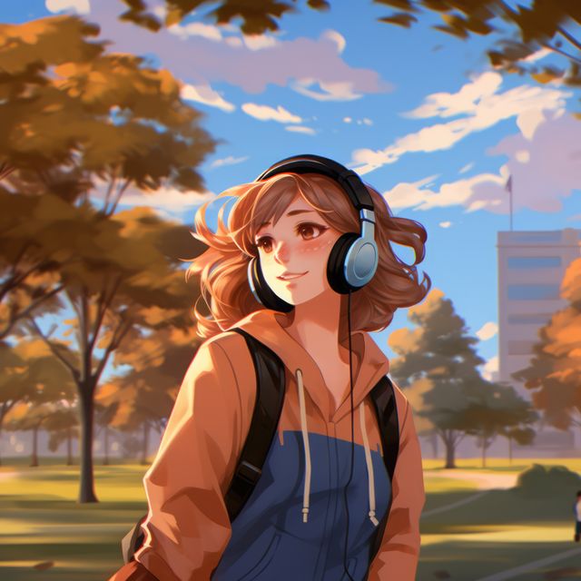Lofi anime girl wearing headphones in city, created using generative ai technology. Anime, youth culture and urban style concept digitally generated image.