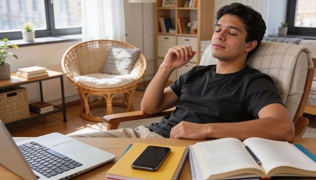 Young man resting eyes in home study while laptop, smartphone and notebook lie on desk