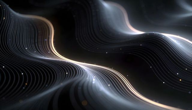Luminous flowing ribbons curving through dark 3D space with golden streaks and particles