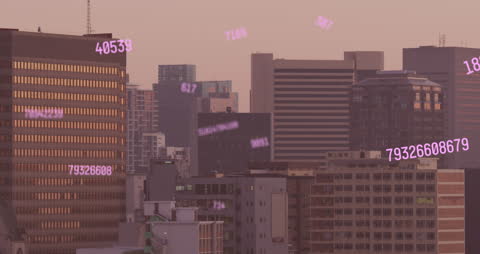 Digital Numbers Hovering Over Urban Skyline at Dusk