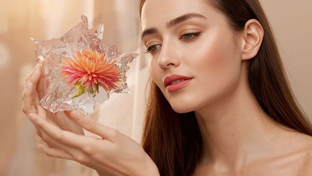 Light skin woman holding peach dahlia wrapped in crinkled cellophane beauty portrait