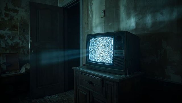 Abandoned Room with Vintage CRT Television Emitting Soft Blue Light