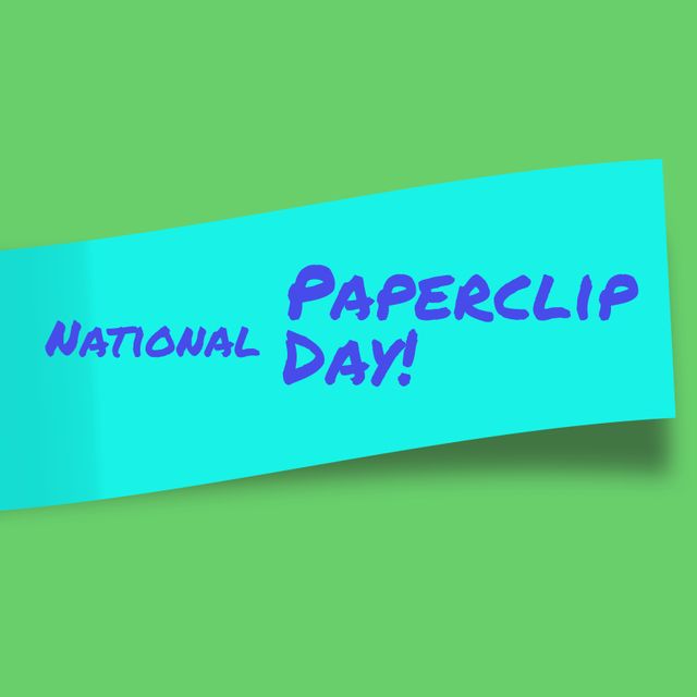 Playful illustration with 'National Paperclip Day!' text on blue paper over a bright green background. Ideal for commemorating the fun holiday, social media posts, office stationery campaigns, and creative design projects needing a splash of color.