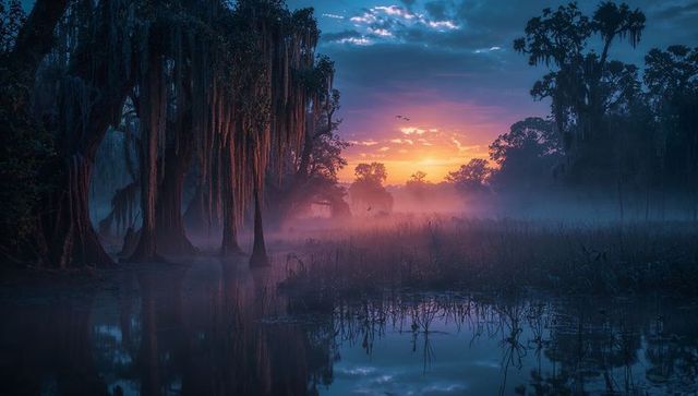 Mystical sunrise over misty cypress swamp reflection