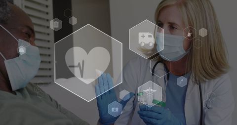 Doctor Administering Vaccine with Digital Medical Icons Overlay