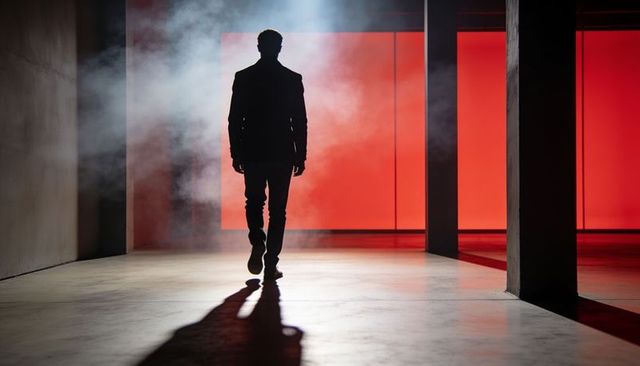 Silhouetted man walking toward red backlit panels casting long shadow in foggy interior