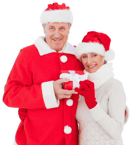 Joyful Elderly Couple Celebrating Christmas with Gift Exchange