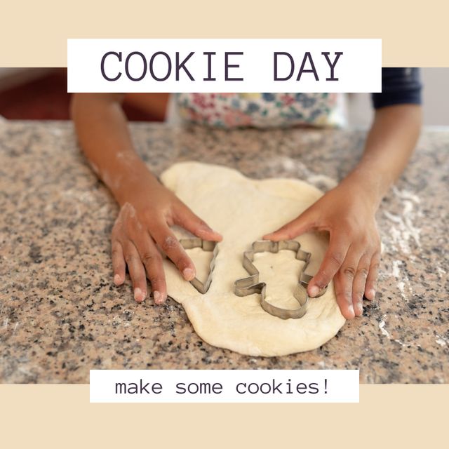 Composition of cookie day make some cookies text over african american girl baking cookies. Cookie day concept digitally generated image.