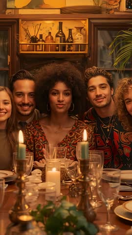 Zooming vertical video capturing friends leaning and smiling around candlelit dinner table