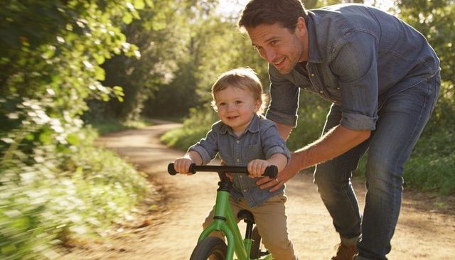 Father guiding toddler riding green balance bike along sunlit woodland trail, denim duo