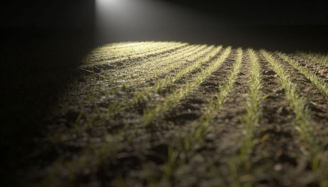 Spotlight illuminating seedling rows at night on planted field, young sprouts in furrows