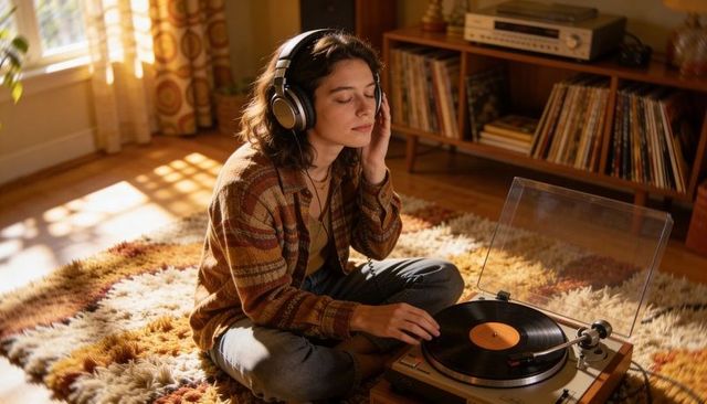 Young woman listening to vinyl on turntable in sunlit midcentury living room, cozy retro