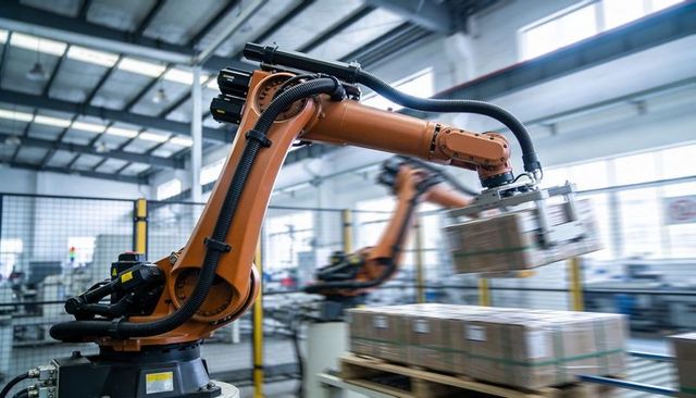 Orange articulated robotic arm lifting boxes with suction gripper on automated conveyor