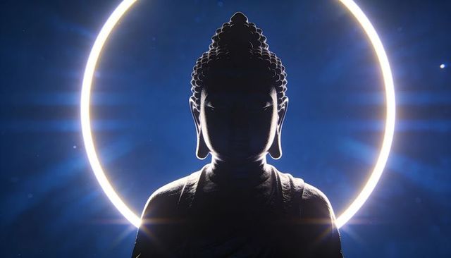 Buddha silhouette with luminous halo and blue rimlight for spiritual meditation