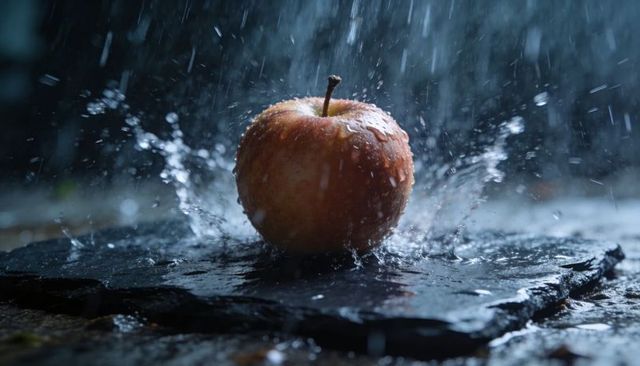 Moody rain-splashed red apple on dark slate with dramatic water splash closeup