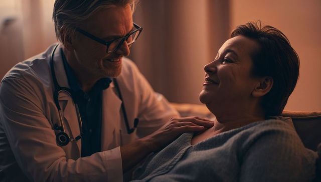Compassionate doctor comforting middle-aged patient on sofa during evening medical visit