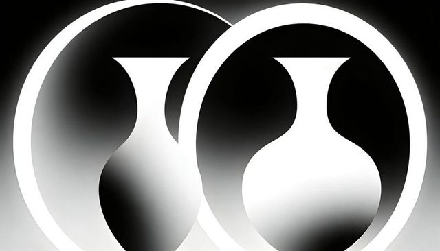 Overlapping circles featuring vase silhouettes in black and white minimal geometric design