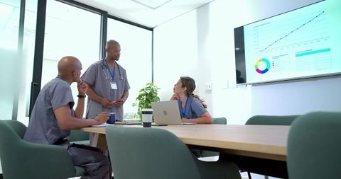 African american medical team reviewing clinical data and charts on wall monitor during meeting