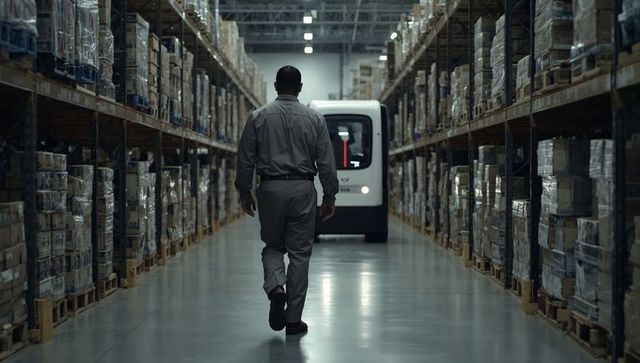 Warehouse worker walking aisle with autonomous guided vehicle amid pallet racks