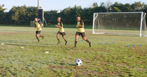 Male Soccer Team Conducting Speed and Agility Drills on Field