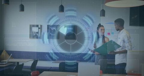 Coworkers Reviewing Project Files with Augmented Reality HUD Overlay in Modern Office