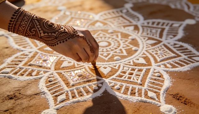 Henna-decorated hand drawing intricate rangoli mandala with glitter on packed earth