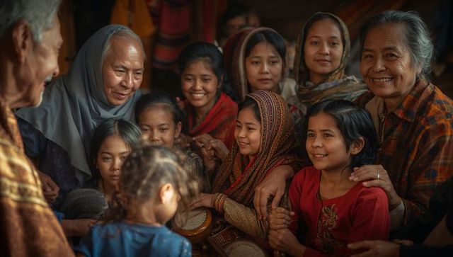 Multigenerational women and girls gathering around drums celebrating cultural textiles