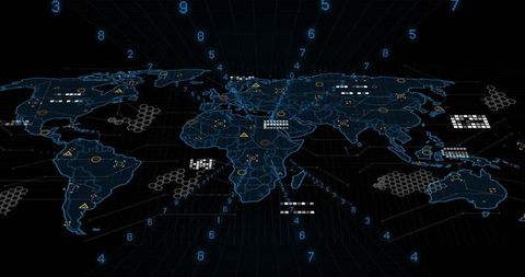 Holographic Global Network Map with Hex Clusters and Security Alerts on Neon Grid Interface