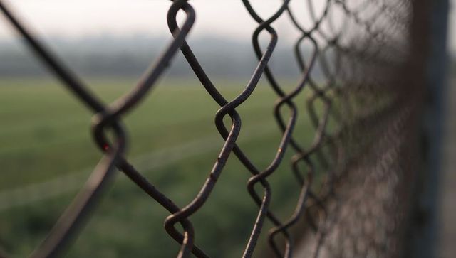 Framing weathering chain-link fence with rusting diamond mesh and blurred meadow horizon
