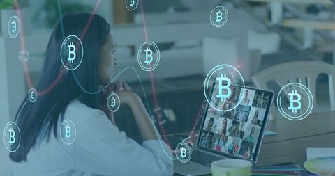 Businesswoman in virtual meeting with bitcoin blockchain overlay