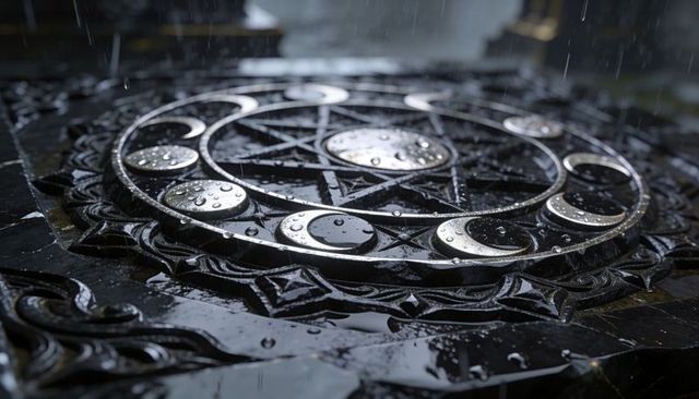 Glistening rain-slick occult altar with metallic pentagram and moon phase medallions
