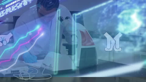 Futuristic Lab Scene with Digital Network Overlay