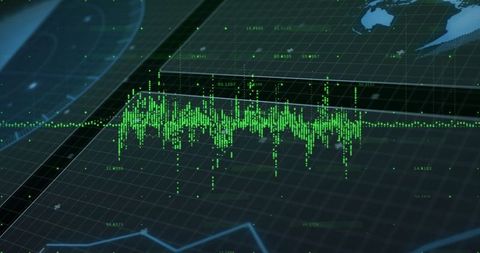 Pulsing Green Digital Waveform with Futuristic Analytics Display